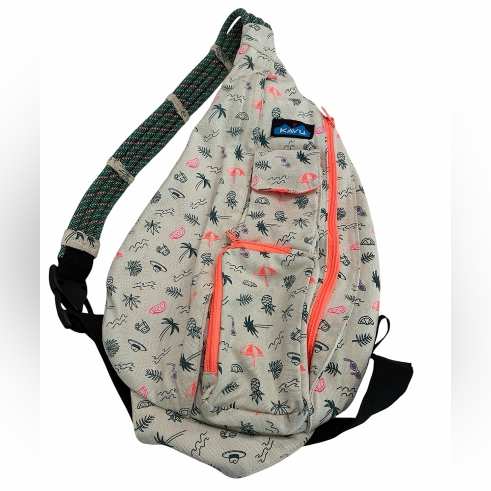 KAVU Rope Sling Bag Chillin Flamingo pattern canvas with green rope straps